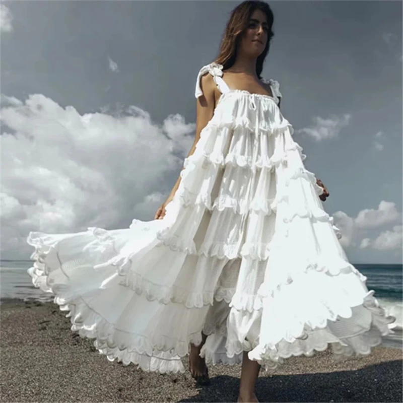 

Pure Color Sling Cake Skirt Summer New Fashion Retro Casual Stitching Elastic Waist Cake Layer Large Swing Long Dress One Size