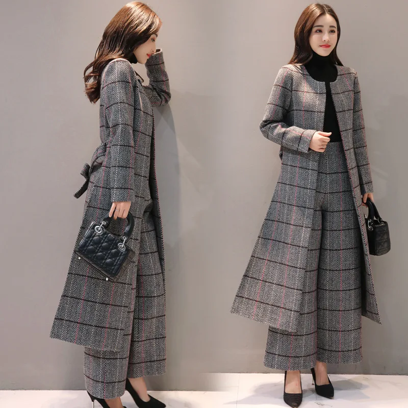 Женские комплекты шерстяной клетчатый брючный костюм с широкими штанинами