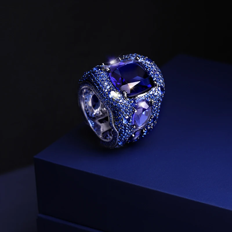 Женское большое кольцо из серебра 100% пробы с синим сапфиром и аквамарином|Кольца|