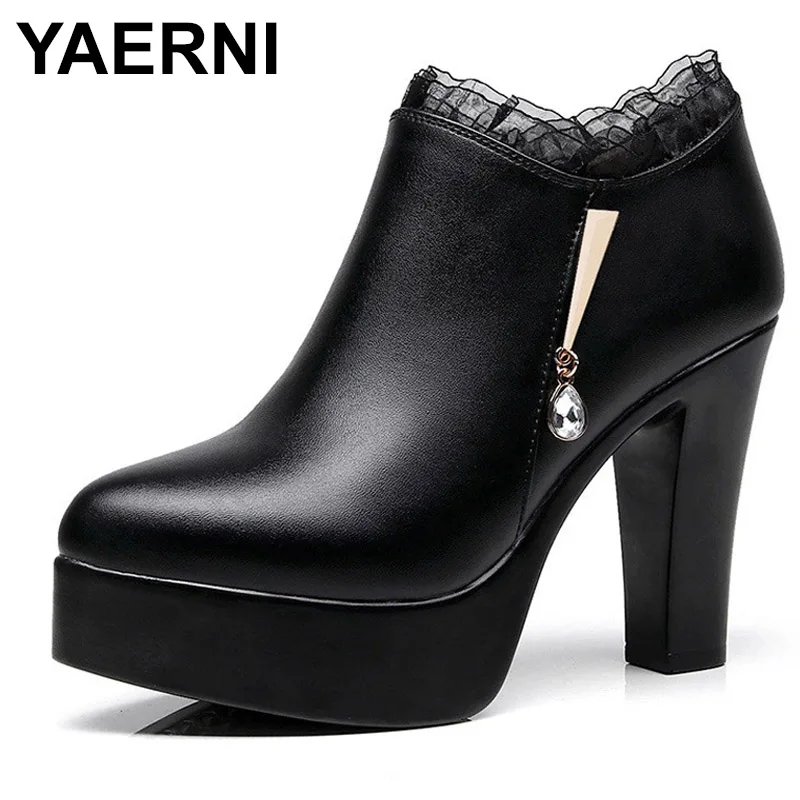 

YAERNI Lace Rhinestone Black Shoes Women High Heel Shoes Shoes Size 32-43 Plus Velvet Genuine Leather Shoes High Heels 8 / 11 Cm