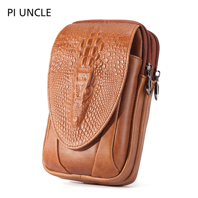 Genuine Leather Men's Waist Fanny Pack Mobile Phone Pouch Soft Cowhide Cross Body Zipper Money Purses Hip Bum Belt Bags For Men - Color: Large Yellow brown