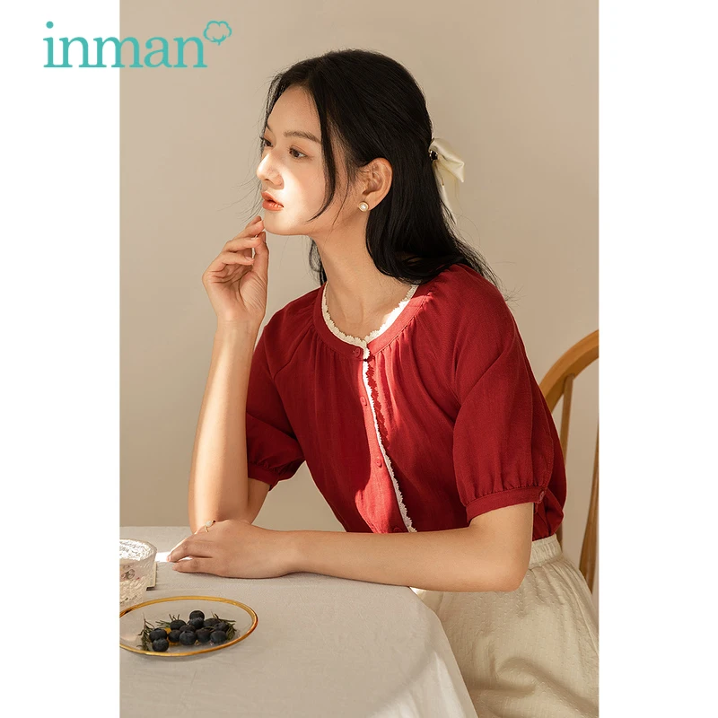 

INMAN Summer Women's Top Retro Literary Vintage Stitching Lace Decorative Buttons Cuff Round Collar Cardigan Elegant Lady Blouse