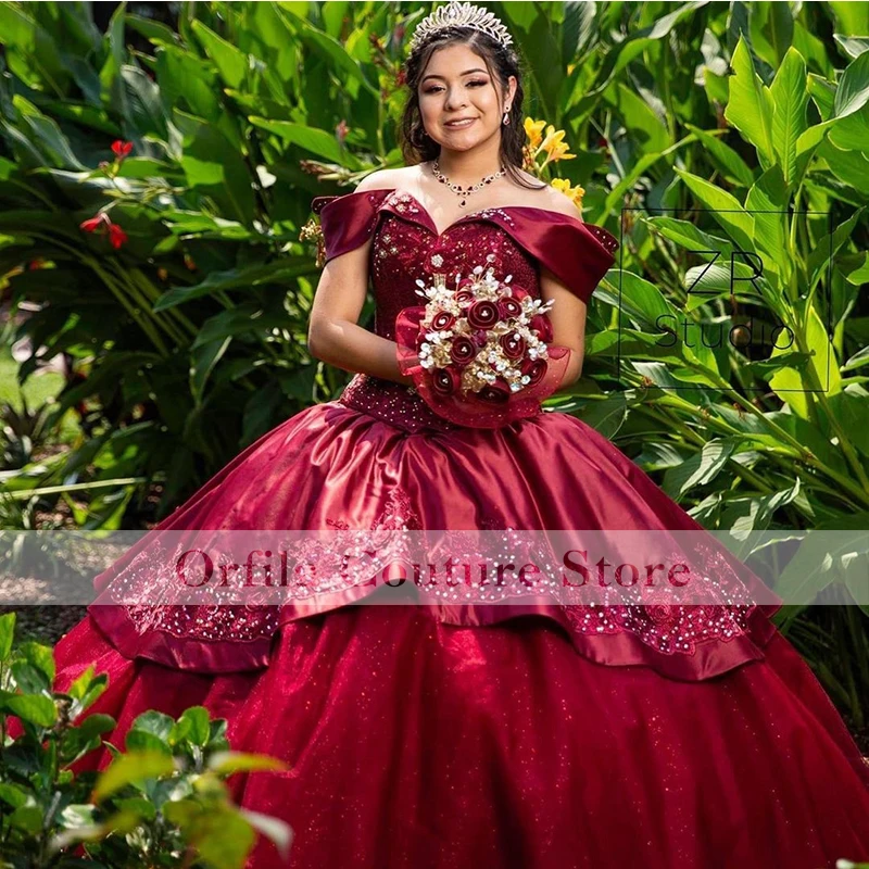 

Burgundy Off Shoulder Ball Gown Quinceanera Dresses Sequins Sweet 16 Dress Vestido De 15 Anos Quinceanera 2021