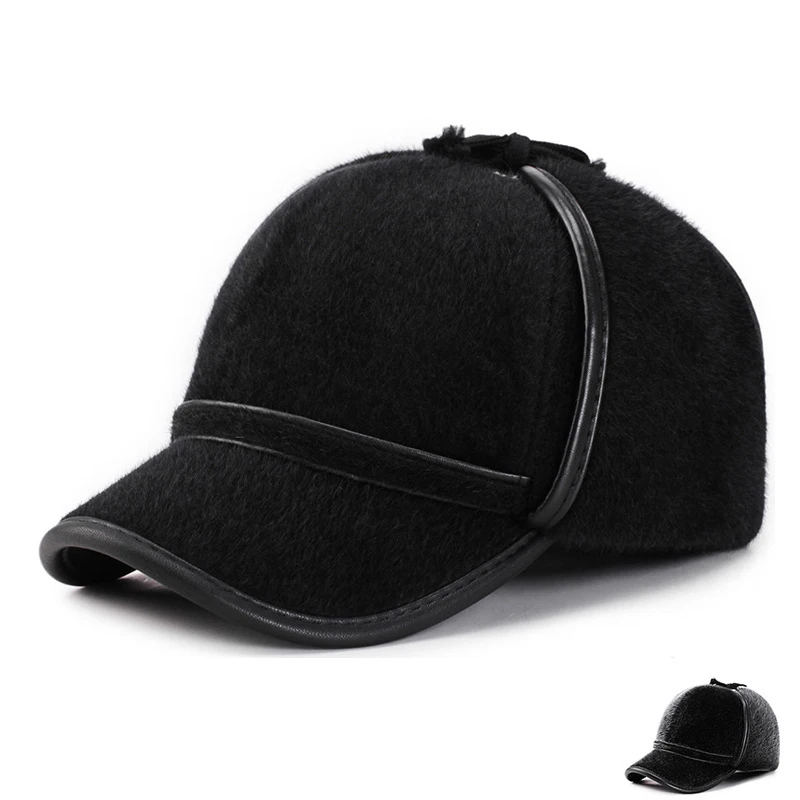 Thicker Plus Velvet Russian Hats Black Wool Men/Women baseball cap adjustable Hat Winter Warm Bomber with earflaps ушанка |