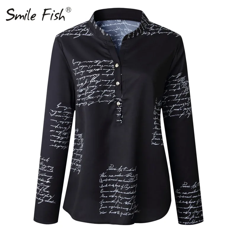 M0303 Black Рубашки для женщин с буквенным принтом, на пуговицах, со стоячим воротником, новые модные женские белые блузки, 3XL, блузы с длинным рукавом и цепочкой размера плюс, M0303 - Цвет: M0303 Black