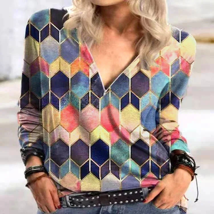 

Spring Women's T Shirt Tops Printing Loose V-neck Long Sleeved T-shirt Vetement Femme Top Tee Streetwear Tee Shirt Femme Tshirt