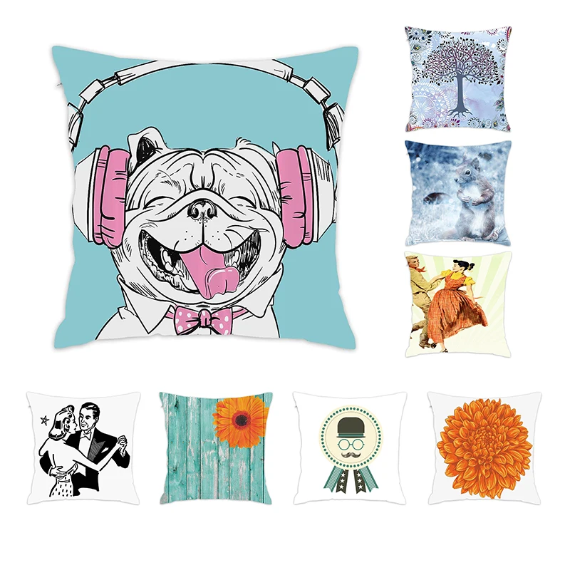 

[Douladou]Cute Vintage Dog Cushion Covers Pillows Romatic Cafe Room Decor Polyester Decorative Pillowcase Printed Pillow 45x45CM
