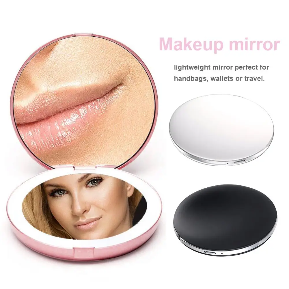 Mini Luminous Makeup Mirror Portable Cute Led Hd Smart Roud Makeup Mirror Box With Light For Women Outdoor Wear Makeup Tools