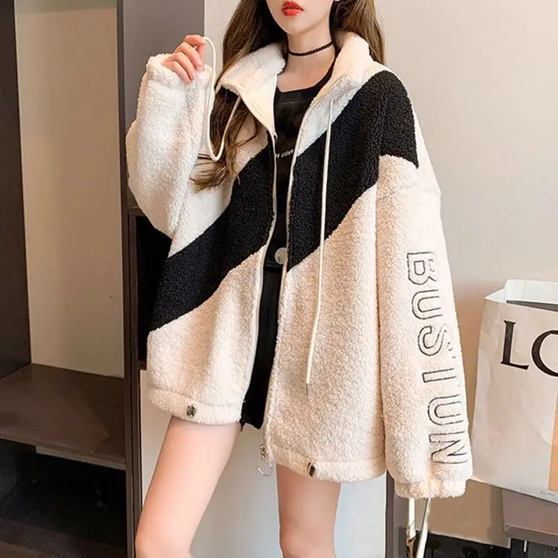 

Wool lamb stand collar sweater women's clothing with cashmere thickening autumn and winter Korean loose cashmere zipper coat