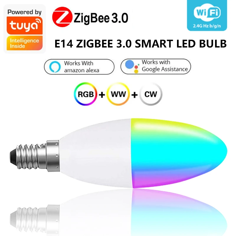 

Умная Светодиодная лампа-свеча Tuya Zigbee 3,0, E14, RGB + W + C, с регулируемой яркостью, работает с умными предметами, Echo Plus, Alexa, Home Assistant