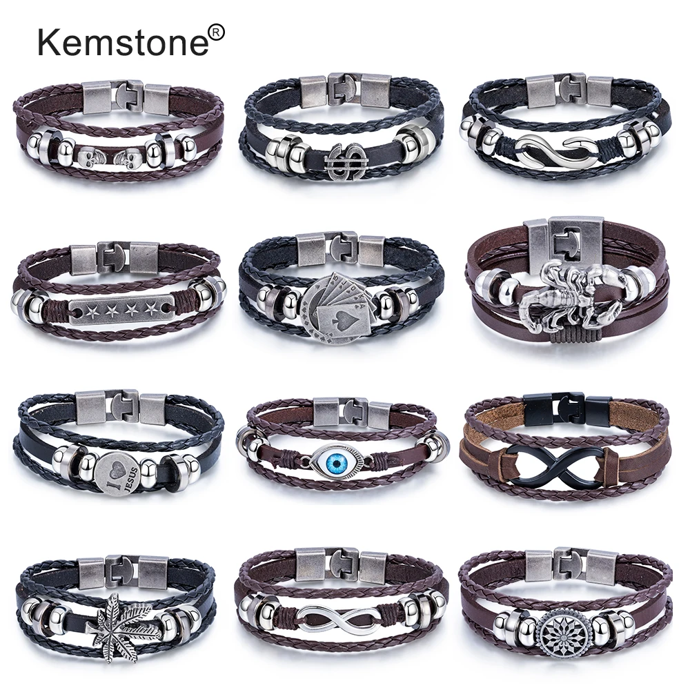 Мужской винтажный браслет с шармом Kemstone коричневый черный из искусственной кожи