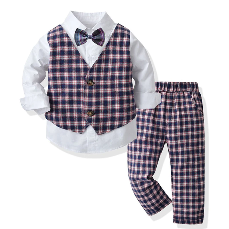 

Kids Boys Gentleman Clothing Sets Toddler Boy Long Sleeve Fake Two-Piece Bowtie Tops + Suspenders Pants 2Pcs Outfits Formal Suit