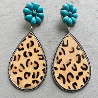 western cowgirl jewelry pave turquoise floral studs leopard cowhide hairy leather teardrop dangle drop earrings gift for her