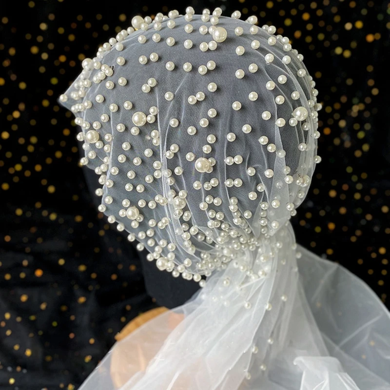 

Women Romantic Wedding Veil Pearl Beading Hat Vintage Bridal Hair Accessories