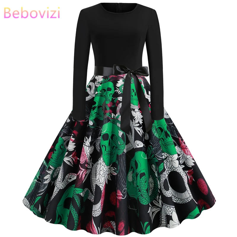 Nieuwe 2019 Herfst Vrouwen Хэллоуин Jurken плюс размер Lange Mouwen череп печати вечерние Vestidos
