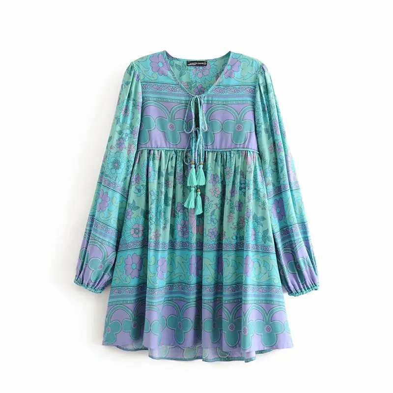 Винтажное шикарное женское платье на шнуровке с кисточками и цветочным принтом