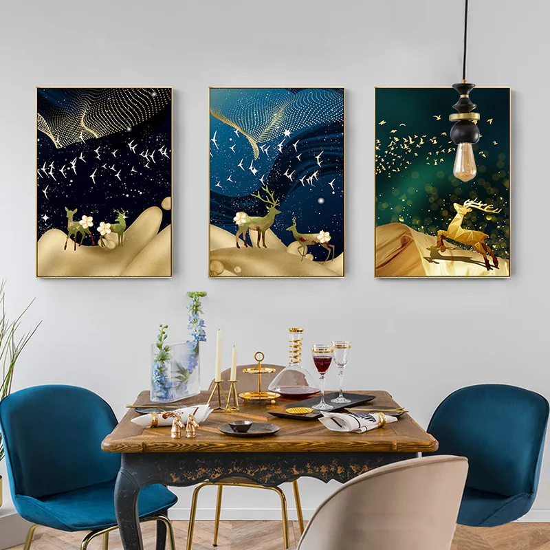 

3 шт., Абстрактная Картина на холсте с изображением золота, оленя, Луны, птицы, дерева
