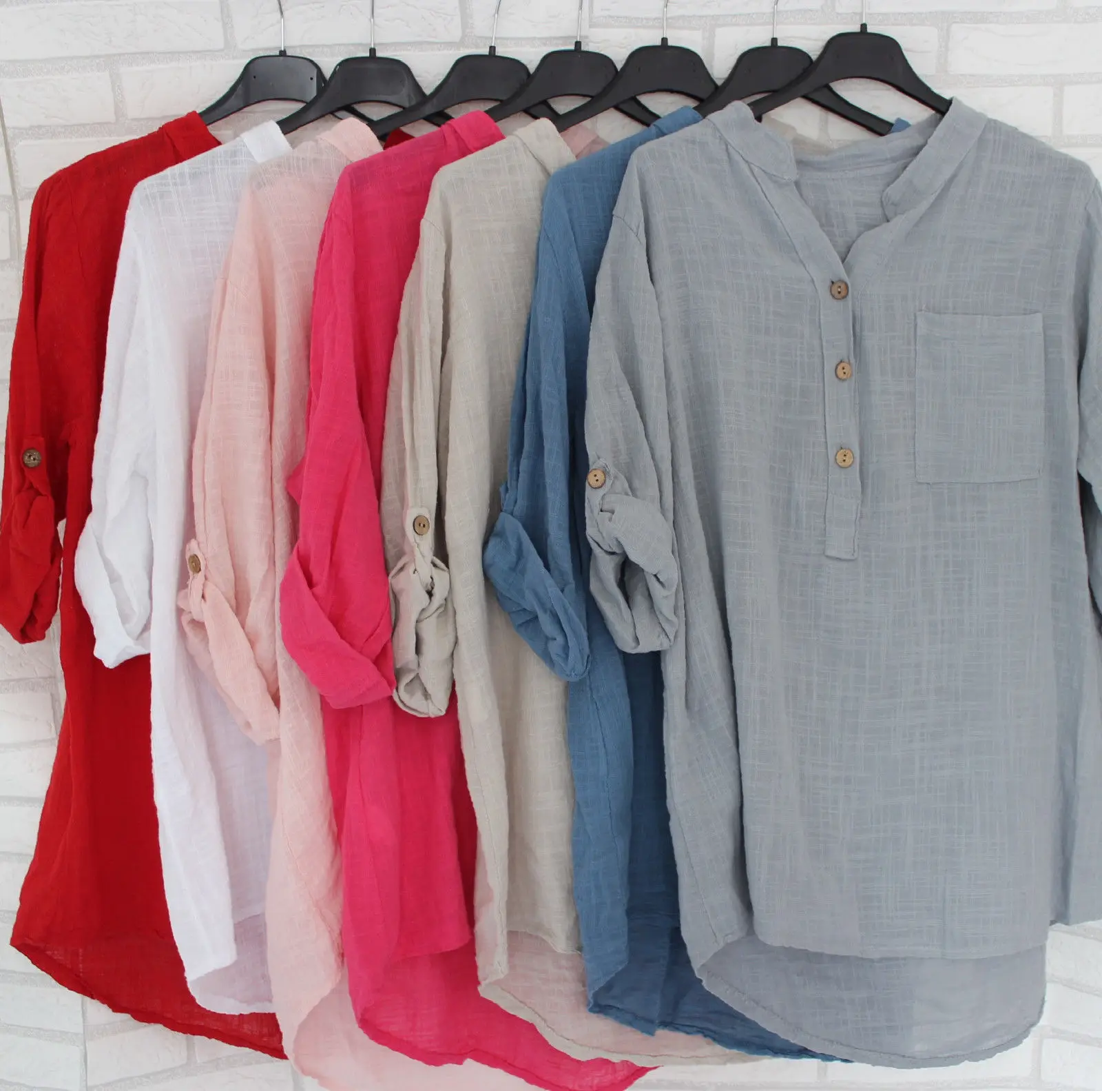 

Street Style 2020 Spring Sale Women's Cotton Linen Standing Collar Shirt Shirt White Solid Pocket Blouse Loose Shirt Women