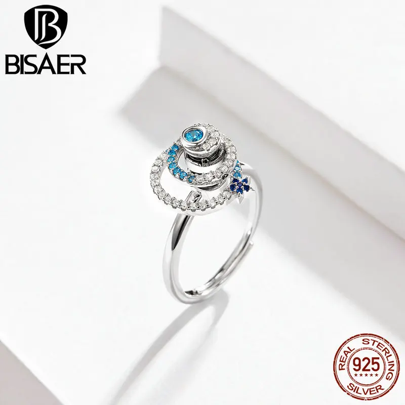 Bisaer, 925 пробы, серебряная вращающаяся звезда, ослепительная, CZ, кольца на палец для женщин, Роскошные, свадебные, Обручальные, ювелирные изделия, S925, подарок, GAR035