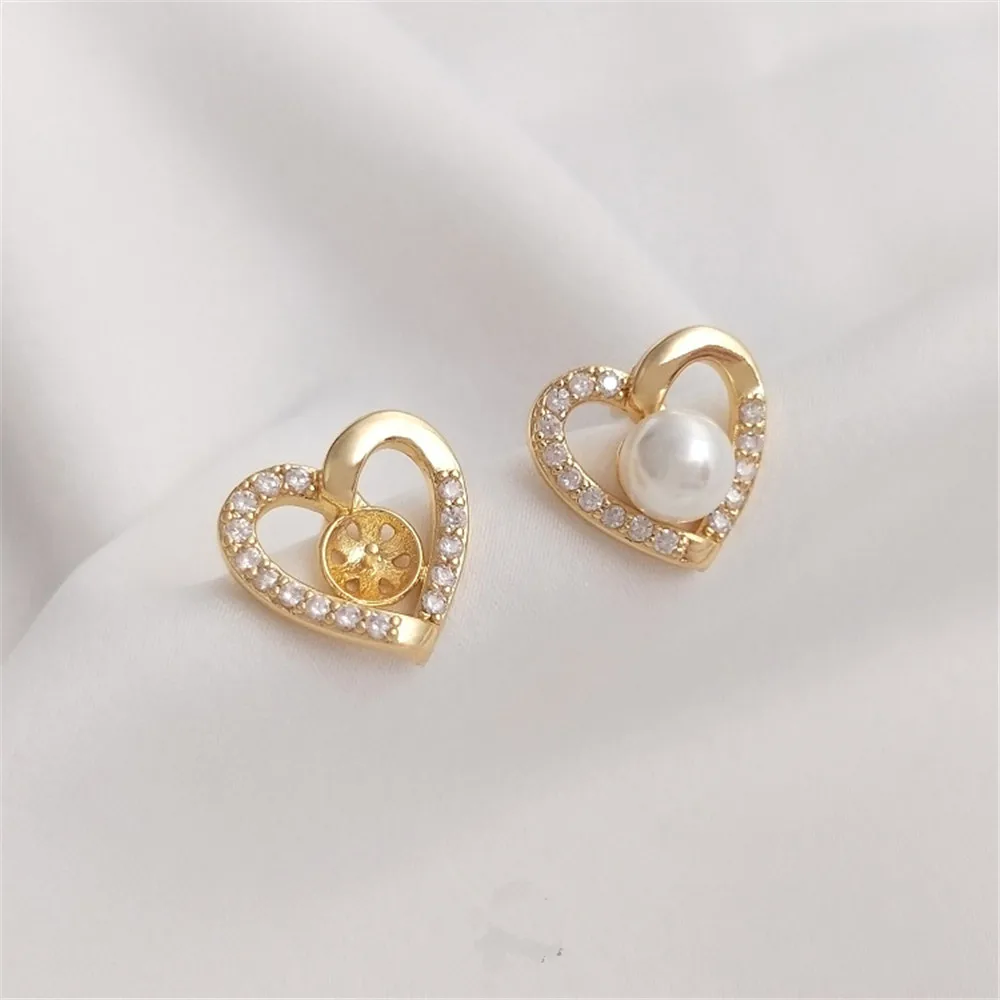 

14K Gold Filled Plated Zircon heart pearl stud Heart-shaped S925 silver needle DIY pearl earring accessories
