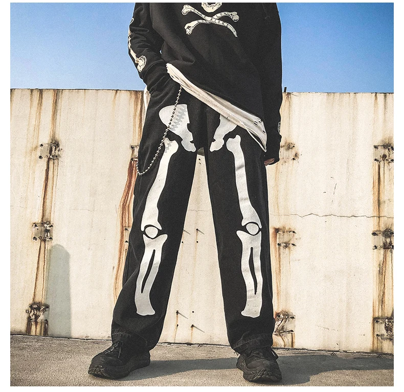 

High Street Men Skeleton Oversized Black Baggy Hip Hop Jeans Kapital Mens StreetwearHarem Pants High Wasit Denim Pants Clothing