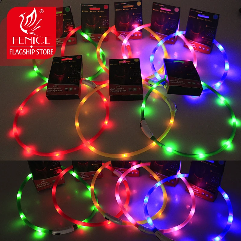 Fenice usb зарядка светодиодный ошейник для собак Ночная безопасность мигающий светящийся поводок для собак, светящиеся люминесцентные ошейники для собак товары для домашних животных
