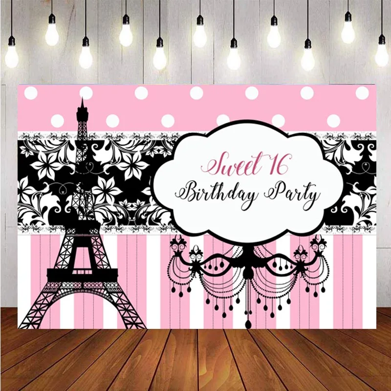 

Sweet 16 Backdrop Pink Paris Eiffel Tower Girls Happy Birthday Party Photography Background Photo Studio Supplies Decor Banner