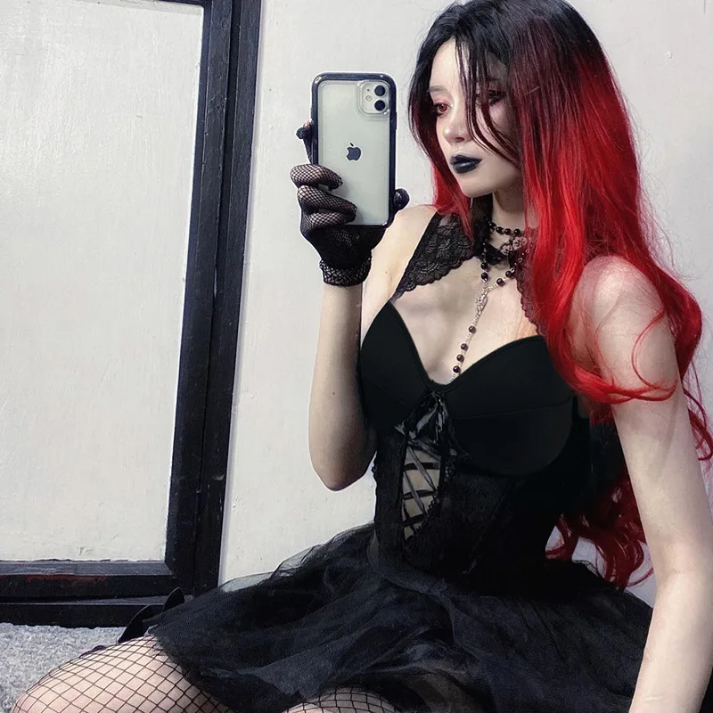 

HEZIOWYUN Women Gothic Style Bodysuits Halter Cut-out V Neck Front Tie-up Lace Mesh Hollow Out Leotard Tops Romper