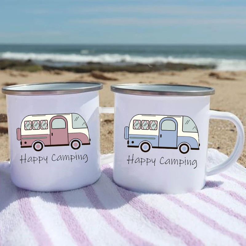 Camper Creative Coffee Mug Travel Tea Cup Custom Name Milk wine Camping Enamel Mugs Handmade Handle Drinkware Personalized Gift