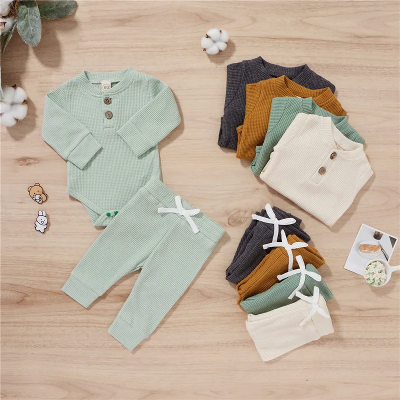 

Infant 2Pcs Toddler Autumn Outfits, Solid Color Long Sleeve Romper + Casual Pants Baby Girls And Boys Casual Clothing Set
