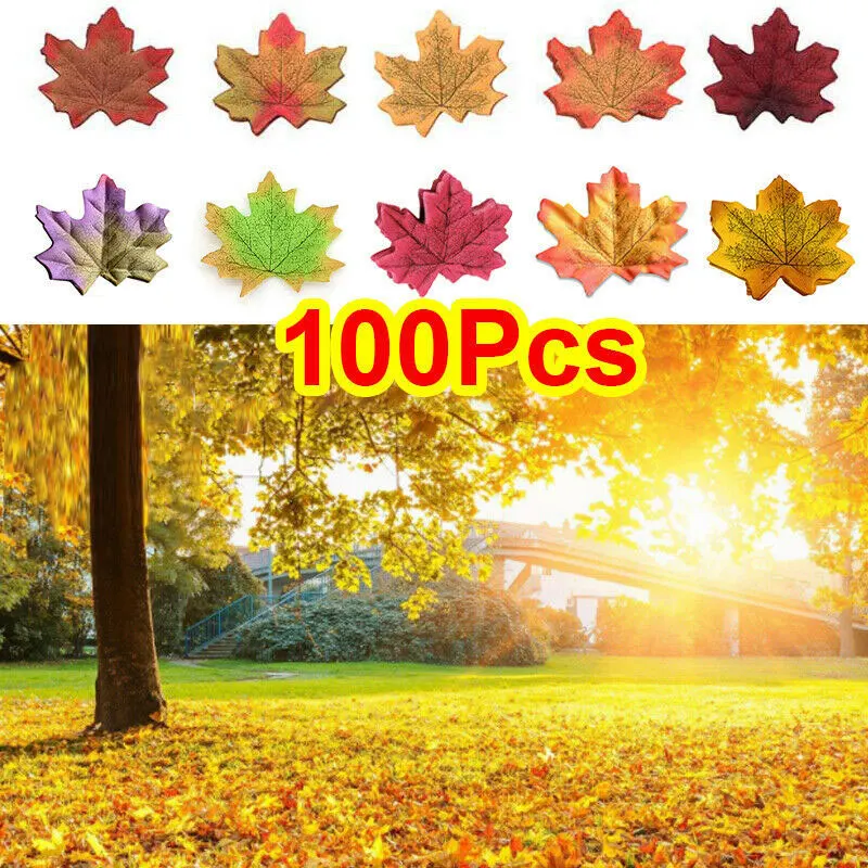 

100pcs Artificial Maple Leaves Multipurpose DIY Autumn Leaves Crafts for Wedding Christmas Halloween Decoration SEC88