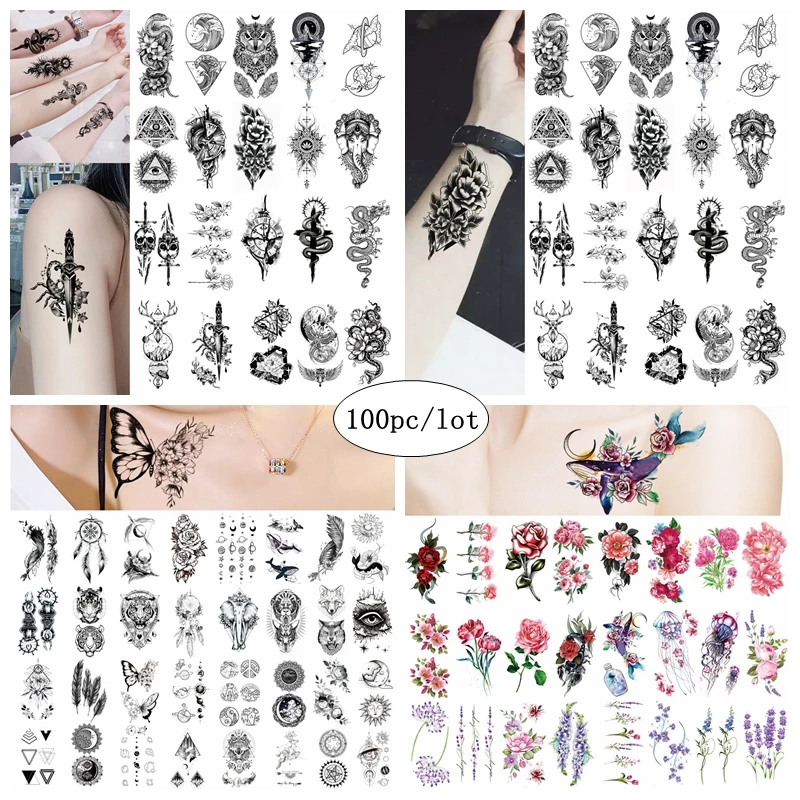 100 pezzi piccolo Totem animale impermeabile tatuaggio temporaneo adesivo uomo donna fiore all'ingrosso Body Art falso Set di tatuaggi braccio Sexy