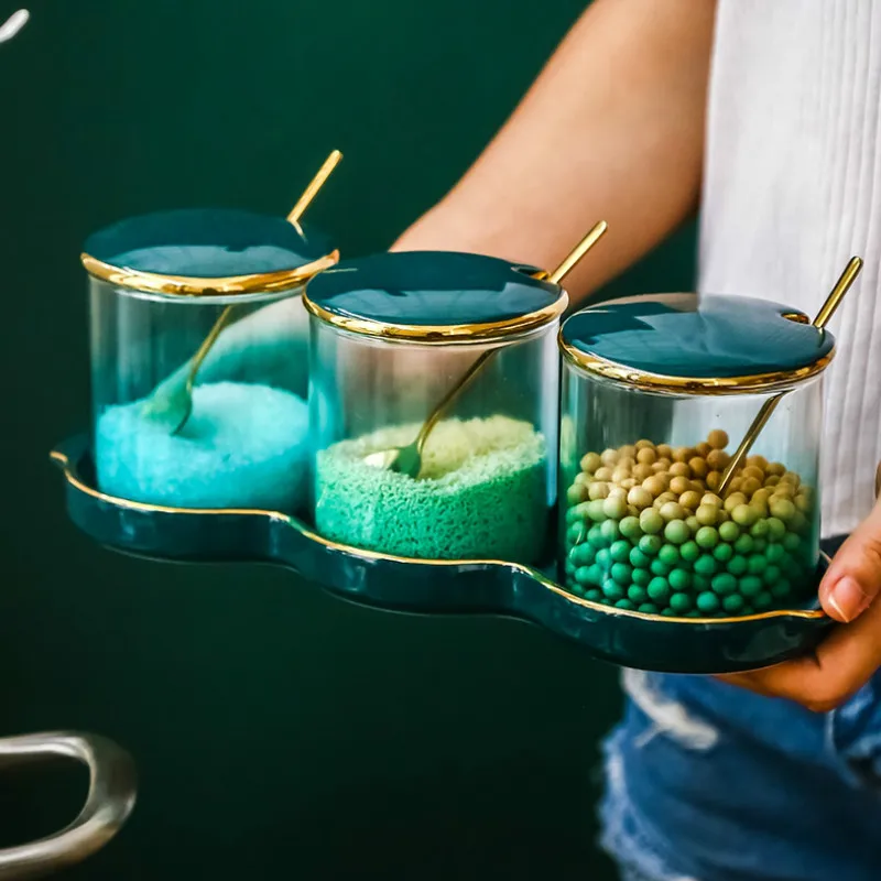 

Скандинавский градиентный Изумрудный керамический горшок для приправы соли MSG Цветочный Фруктовый чайник кухонный комплект для хранения ...