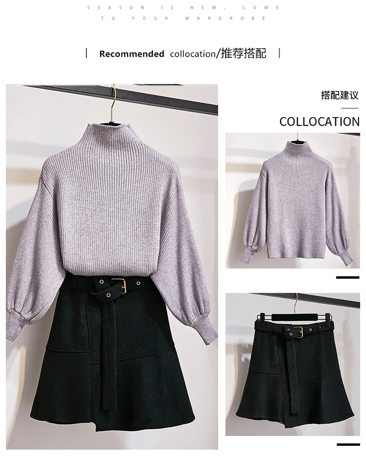 New Winter Pullover Sweater& Woolen Cloth Lantern Sleeve Knitted Top Irregular Skirt Suit With Belt Outfit Casaul Clothes