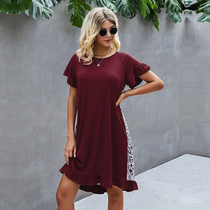 

2021 Spring Summer New Fashion Leopard Back Dress For Women Casual Solid Patchwork Ruffles Short Sleeve Ladies Loose Dresses