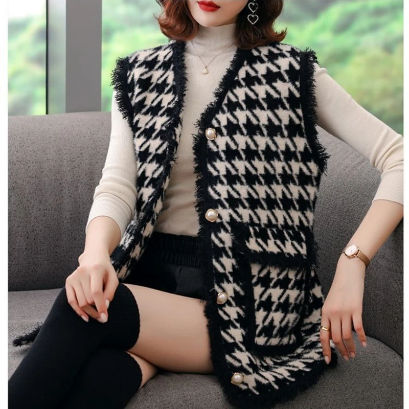 

Coat Spring Autumn Women's Oversized Vest Korean Fashion Houndstooth Sleeveless Jackets For Women 2021 All-Match Vests Outerwear