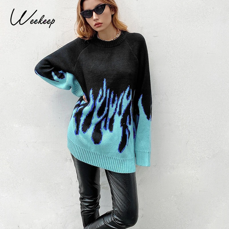 

Weekeep Blue Flame Knitted Pullover Sweater For Women Winter Autumn Warm Streetwear Long Style Sweaters Knitwear Fashion Clothes