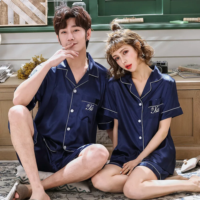

SLPBELY Silk Couple Pajamas Set Summer Casual Embroidery Pure Color Women and Men Homesuit Short Sleeve Lovers Homewear Pyjamas