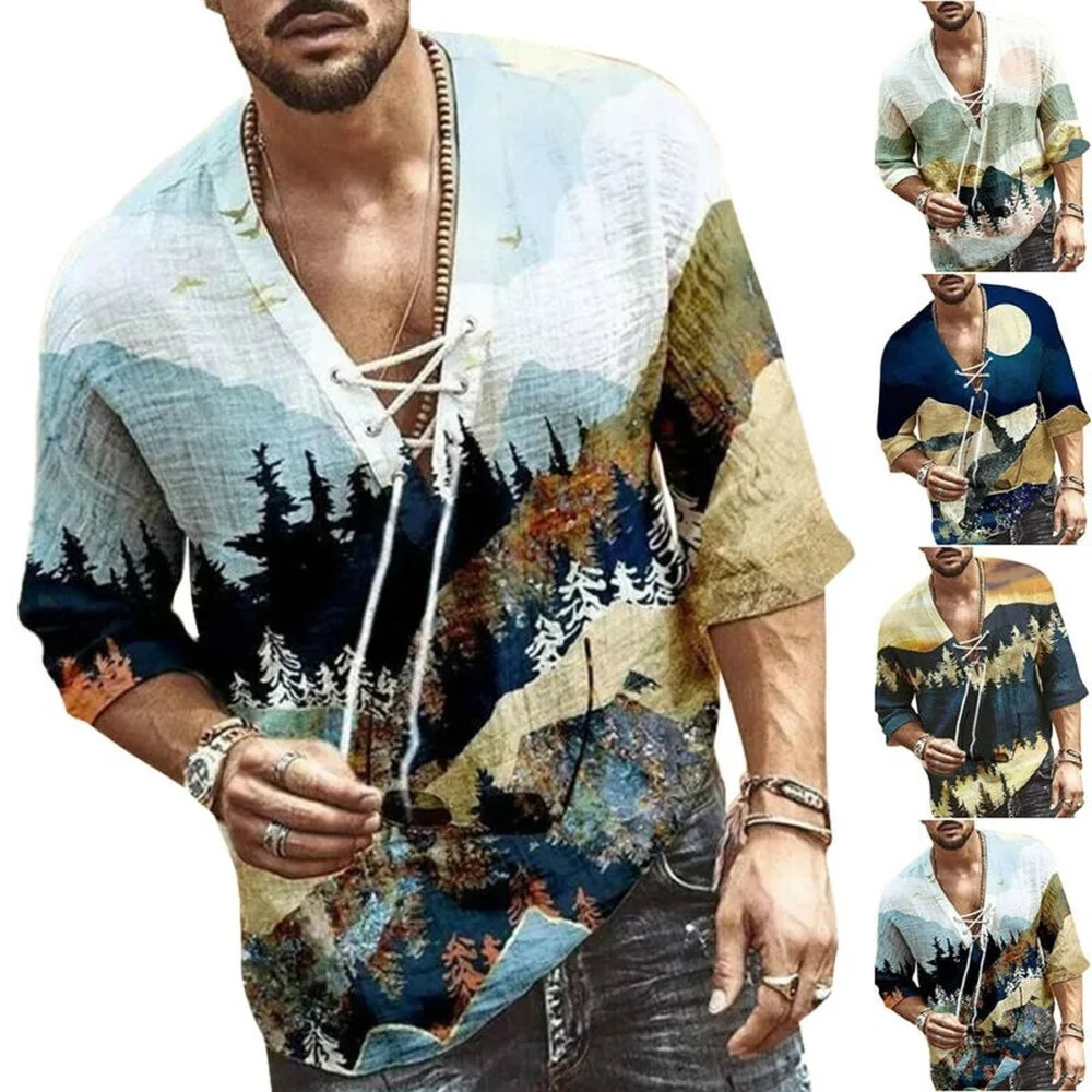 

Men's Loose Printed V-Neck Short Sleeve T-Shirts Summer Casual Drawstring Tops