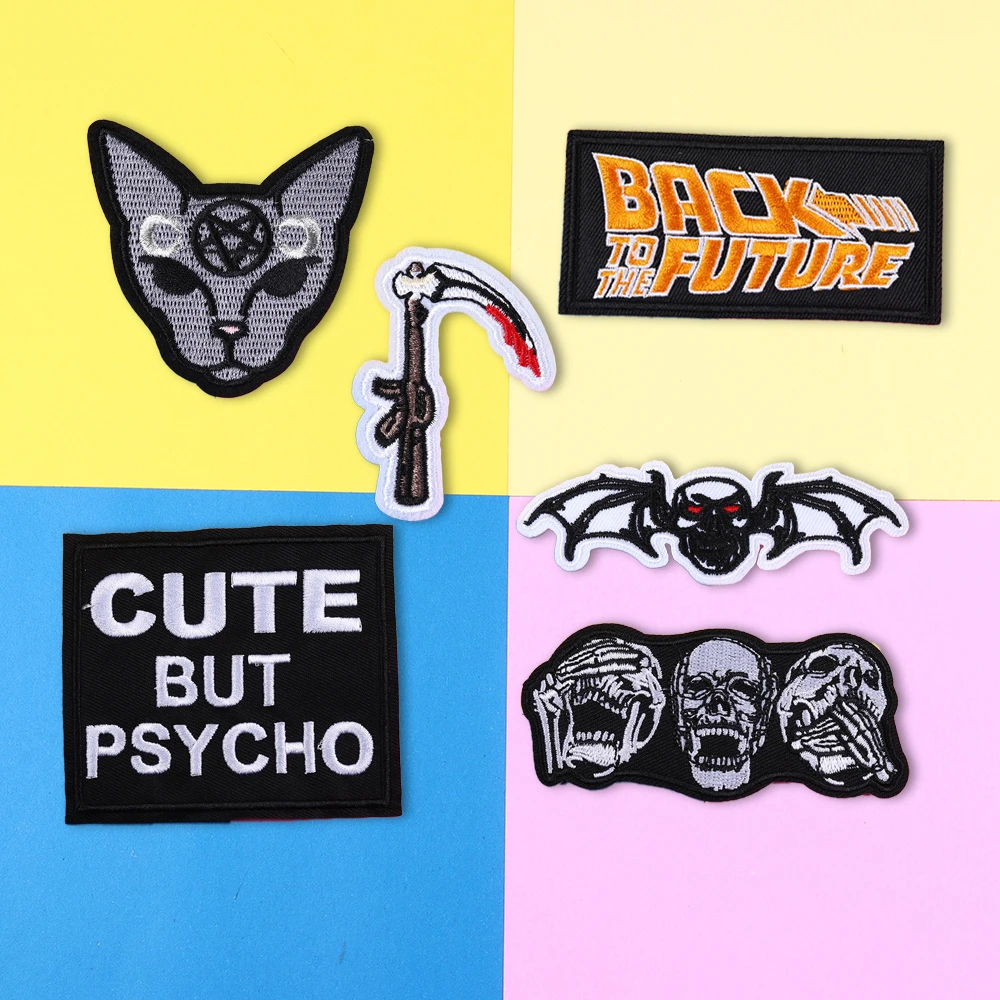 

Punk style Reaper's Scythe Patches Black letter Cat Appliques Iron On skull Clothes Jeans Badges Clothing Accessories