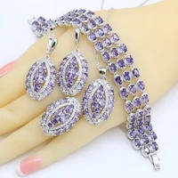 geometric purple zircon silver color jewelry sets for women bracelet earrings necklace pendant ring wedding birthday gift
