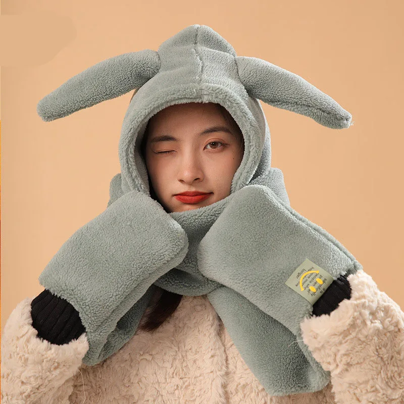 

Шапочки с кроличьими ушками шапки с шарфом и перчатками в одном наборе женские зимние плюшевые утепленные милые шапки уличная шапка