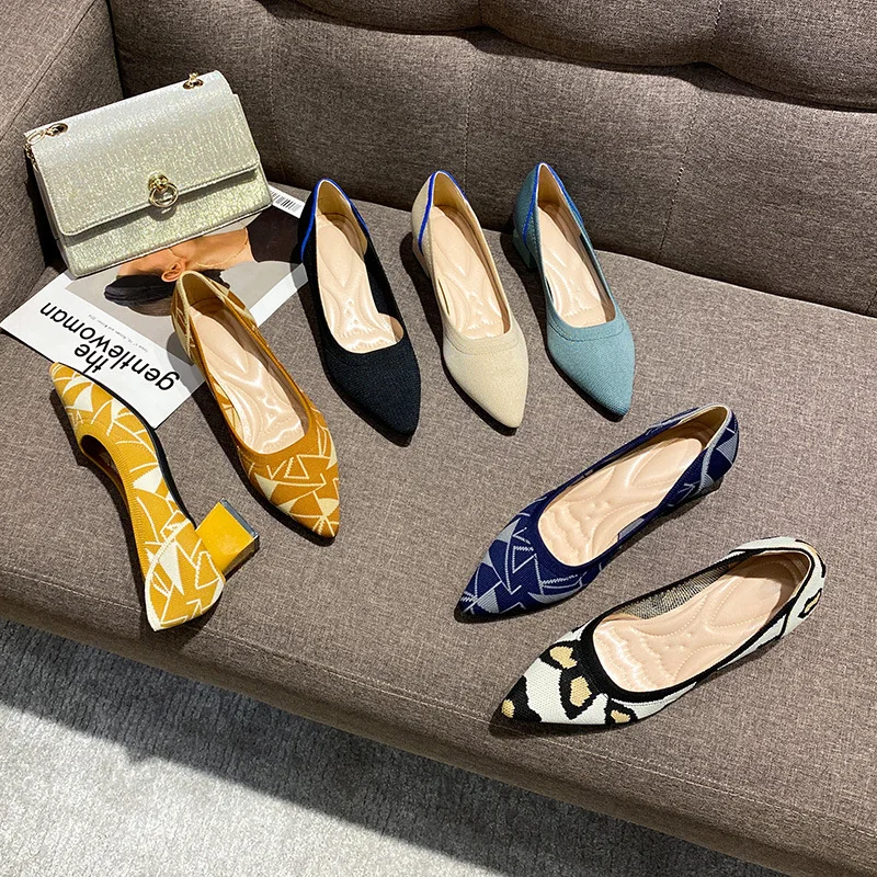 

2021Ladies Knitted Pointed High Heels Ladies Mixed Color Soft Pregnant Women Zapatos De Mujer Moccasin Bесна Breathable And Soft