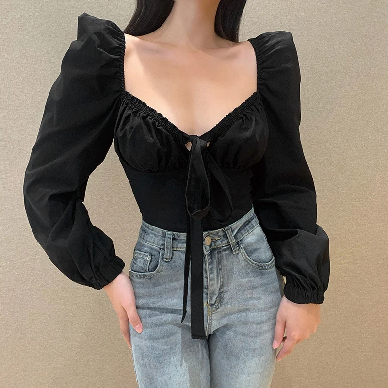 Autumn Vintage Long Sleeve Blouse Women V-Neck Folds Design Big Backless Tight Short Shirt Tops | Женская одежда