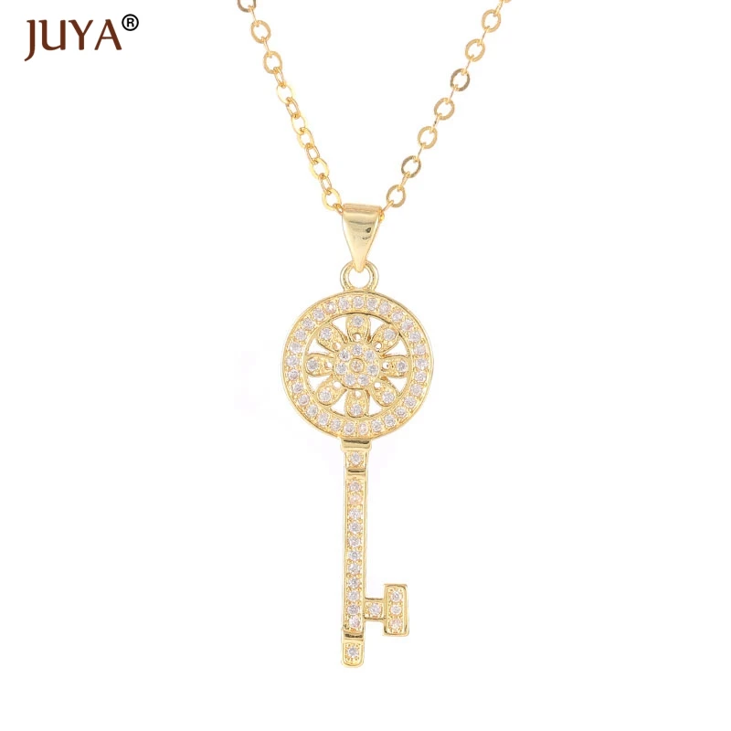 fashion statement necklaces for women Luxury Jewelry Copper Zircon Rhinestone Key Pendants Necklace Silver Femme - Metal Color: gold