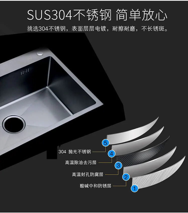Kitchen sink black technology 304 stainless steel simple manual sink sink sink basket and sewer pipe free delivery