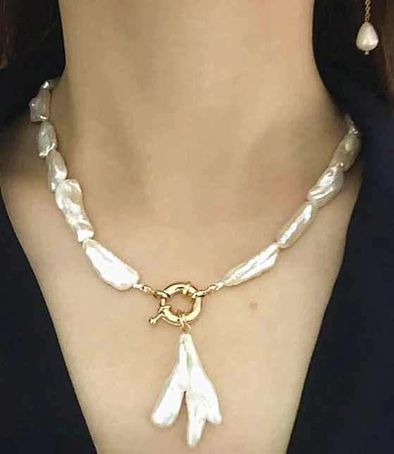 

HABITOO Elegant Natural 10-22mm White Biwa Freshwater Pearl Necklace Pendant 18Kgp Choker for Women Fashion Jewelry Gifts