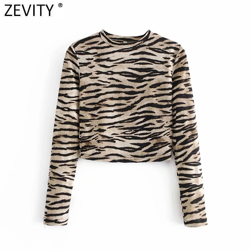 

ZEVITY Euro Women High Street Tiger Striped Print Short Knitting Blouse Femme Chic Basic O Neck Shirt Slim Blusas Tops LS9057