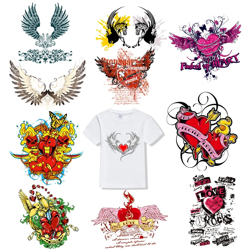 

Cartoon Red Heart Angel Wings Heat Transfer Iron on Patches for Clothing Cool Thermo Stickers on Clothes Applique Sticker
