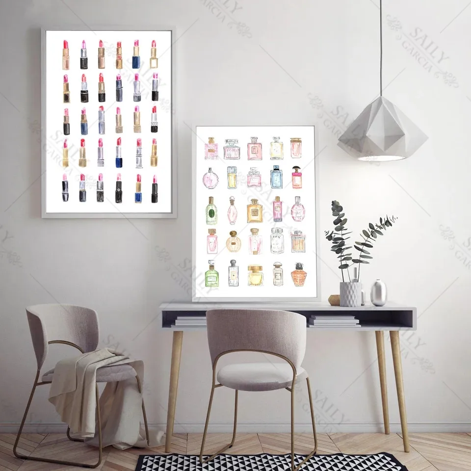 

Модный женский постер на холсте и принты, акварельные духи, помада, картина, настенные картины для женской комнаты, украшение для дома без ра...